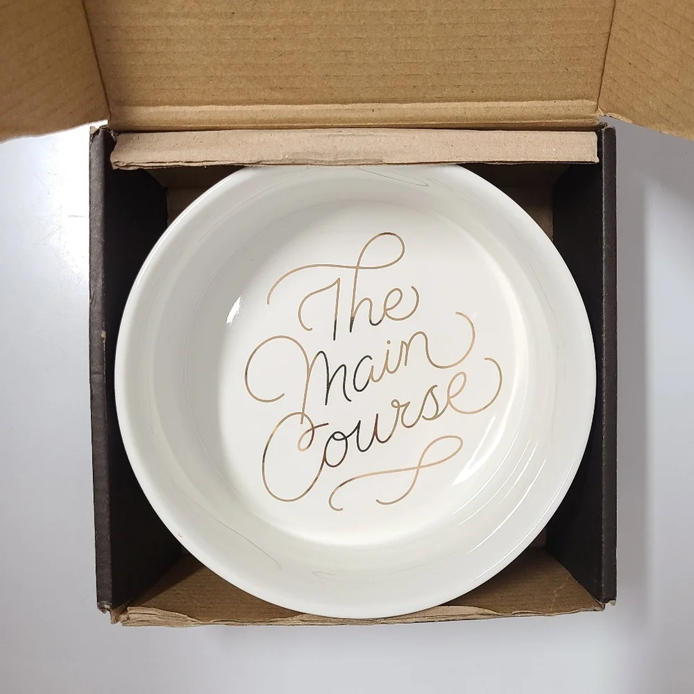 Brass Monkey Main Course White with Gold Script Ceramic Pet Food Bowl New in Box